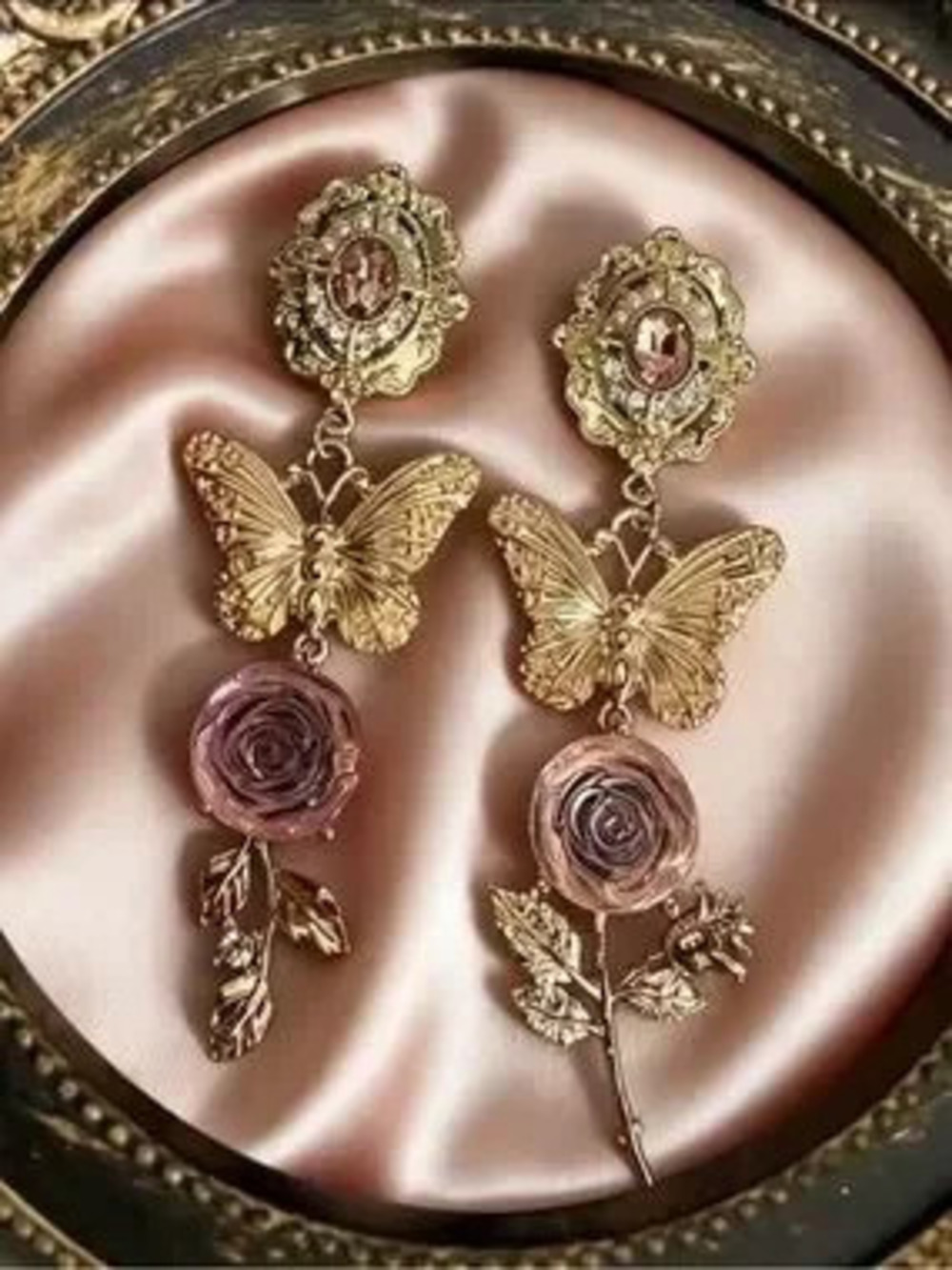 Anthropologie Gold Tone Butterfly Earrings with Pink Rose Drops